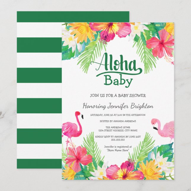Invitación Green | Flamingo Luau Baby Shower Tropical (Anverso / Reverso)