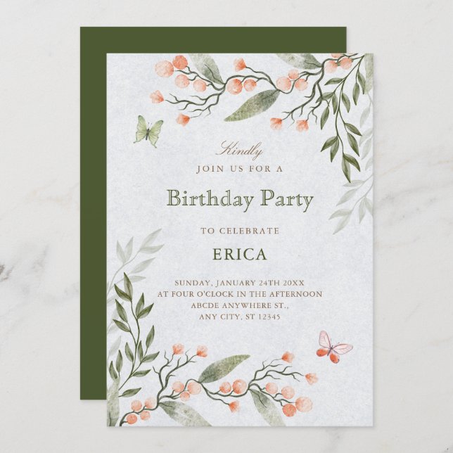Invitación Green floral  (Anverso / Reverso)