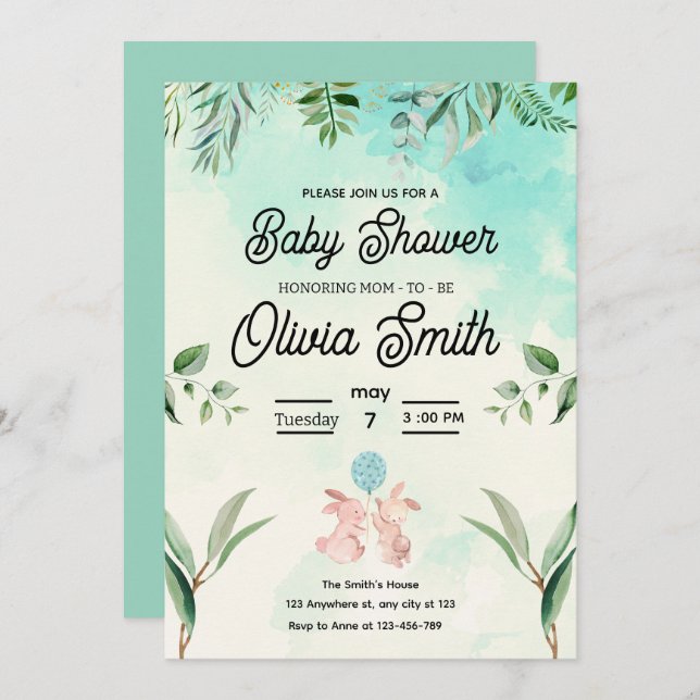 Invitación Green Floral Baby Shower, Spring Baby Shower  (Anverso / Reverso)
