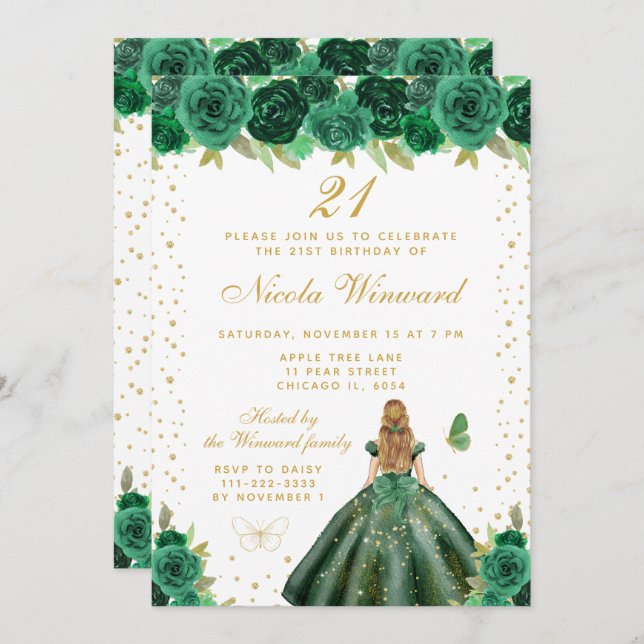 Invitación Green Floral Blonde Hair Princess Birthday Party (Anverso / Reverso)