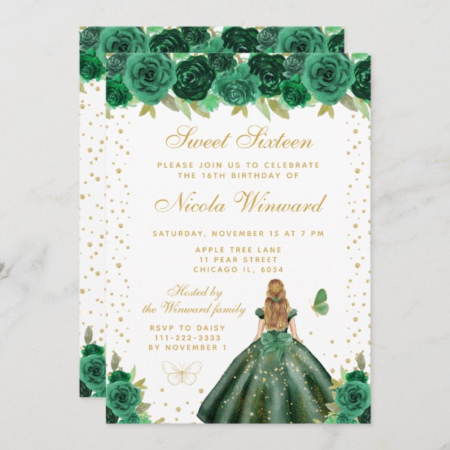 Invitación Green Floral Blonde Hair Princess Sweet Sixteen (Anverso / Reverso)