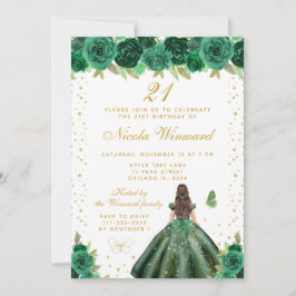 Invitación Green Floral Brunette Hair Princess Birthday Party