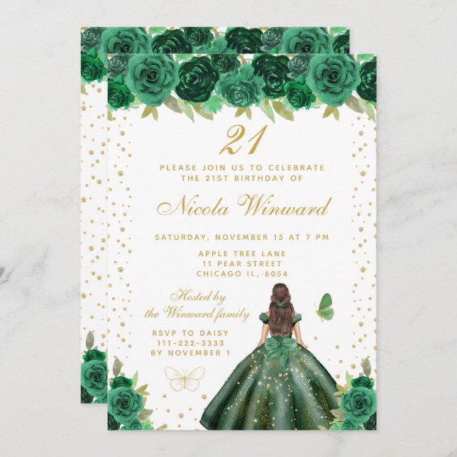 Invitación Green Floral Brunette Hair Princess Birthday Party (Anverso / Reverso)