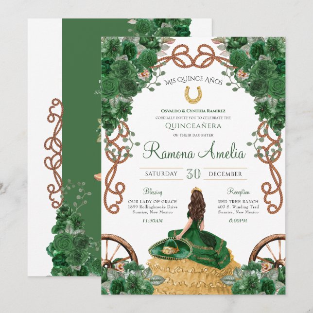 Invitación Green Floral Country Western Charro Quinceañera (Anverso / Reverso)