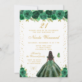 Invitación Green Floral Dark Skin Princess Birthday Party