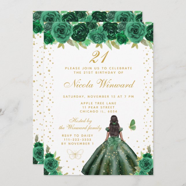 Invitación Green Floral Dark Skin Princess Birthday Party (Anverso / Reverso)