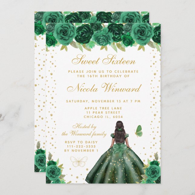 Invitación Green Floral Dark Skin Princess Sweet Sixteen (Anverso / Reverso)