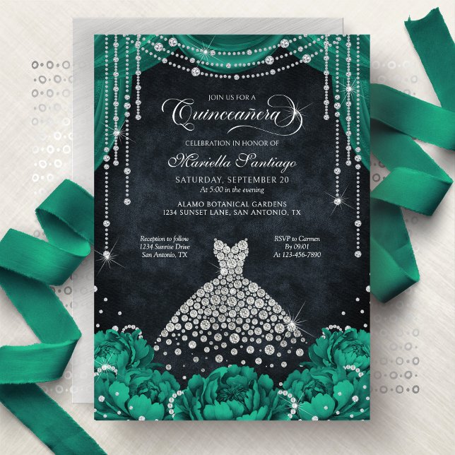 Invitación Green Floral Diamond Quinceanera Invitation (Subido por el creador)