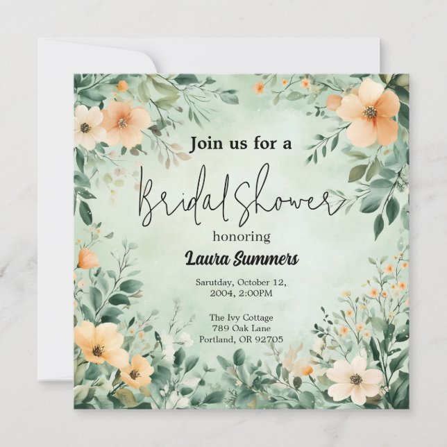 Invitación Green floral elegant bridal shower (Anverso)