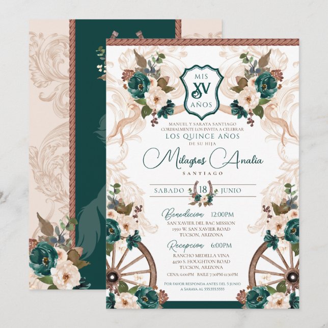Invitación Green Floral Elegante Charro Western Quinceanera (Anverso / Reverso)
