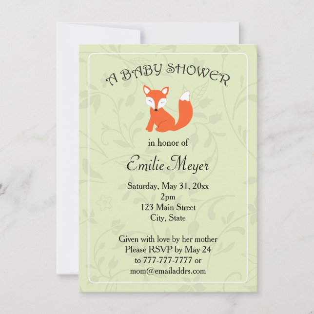 Invitación Green Floral Fox Woodland Baby Shower (Anverso)