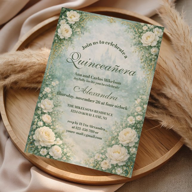 Invitación Green Floral Gold Garden Quinceañera (Subido por el creador)