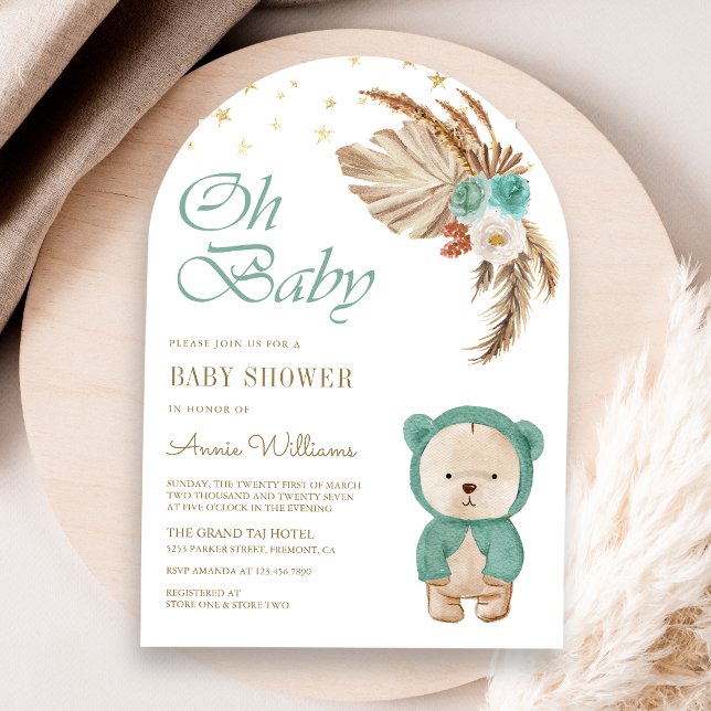 Invitación Green Floral Pampas Teddy Bear Arch Baby Shower (Subido por el creador)