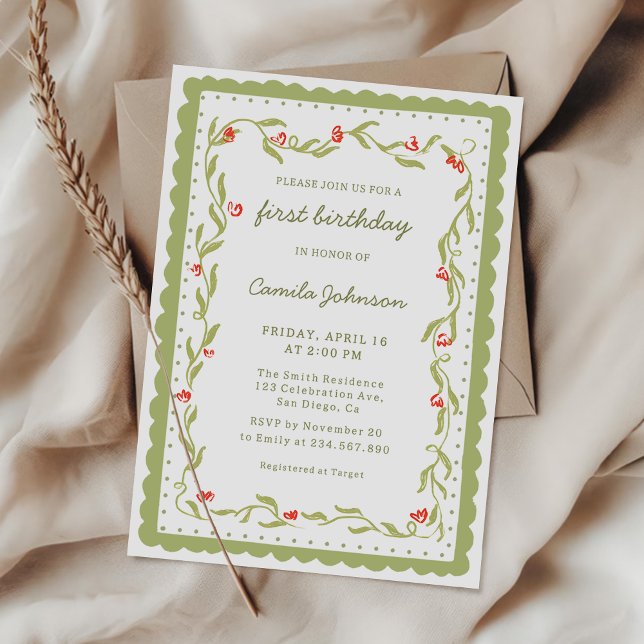 Invitación Green Floral Scalloped Frame Birthday Invitation (Subido por el creador)