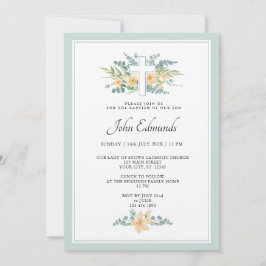 Invitación Green Floral Watercolor Baptism Invitation