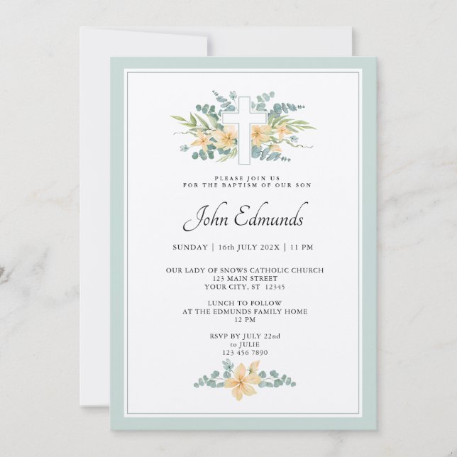 Invitación Green Floral Watercolor Baptism Invitation (Anverso)