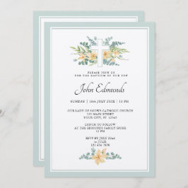 Invitación Green Floral Watercolor Baptism Invitation