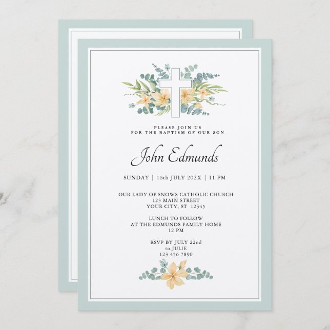 Invitación Green Floral Watercolor Baptism Invitation (Anverso / Reverso)