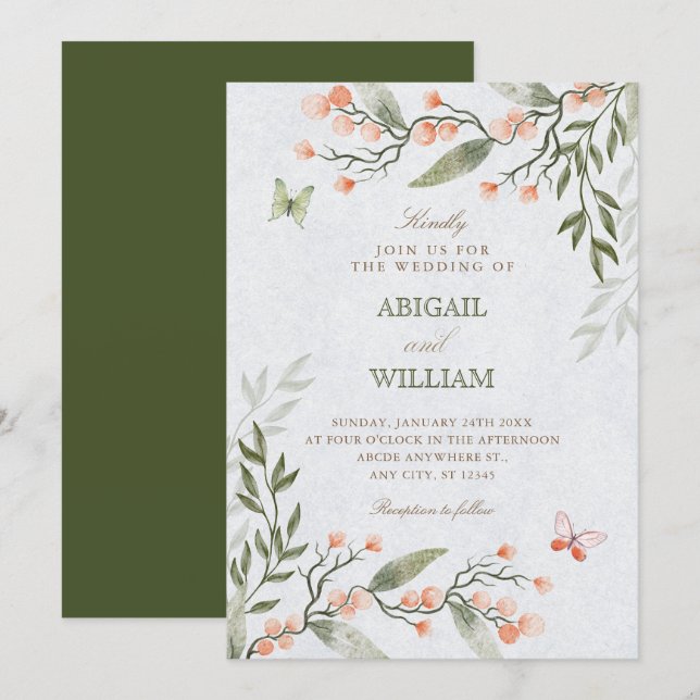 Invitación Green floral wedding  (Anverso / Reverso)