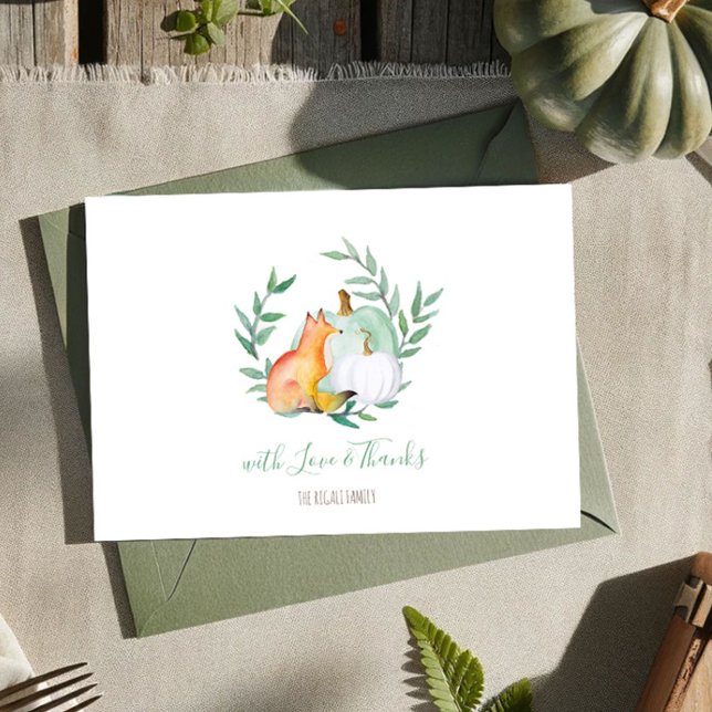 Invitación Green Fox Pumpkin Woodland Gracias (Thank you card watercolor woodland fox and pumpkins fall )