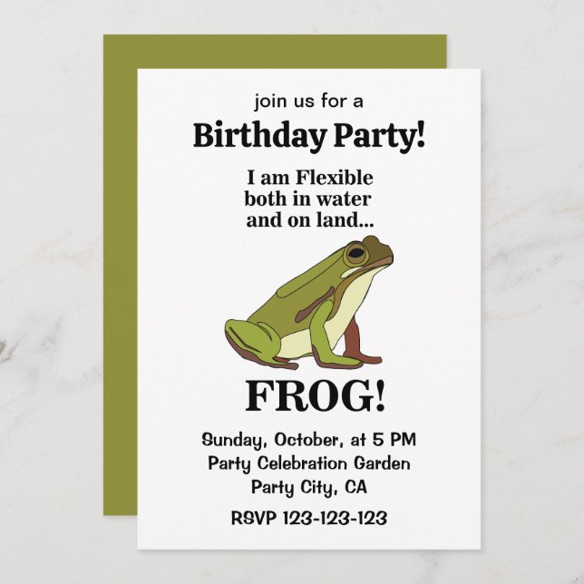 Invitación Green Frog Funny Birthday Party (Anverso / Reverso)