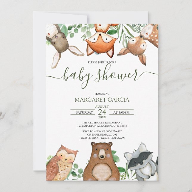 Invitación Green Gender Neutral WOODLAND Baby Shower (Anverso)
