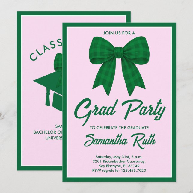Invitación Green Gingham Bow Graduation Party (Anverso / Reverso)