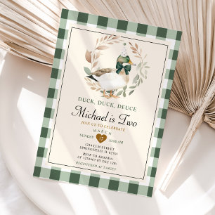 Invitación Green Gingham Boy Duck Deuce Segundo Cumpleaños
