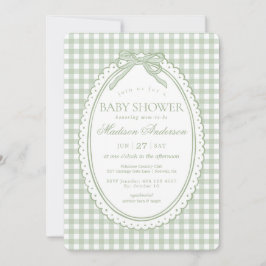 Invitación Green Gingham Coquette Bow Baby Shower