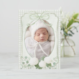 Invitación Green Gingham Floral Vintage Birth Announcement