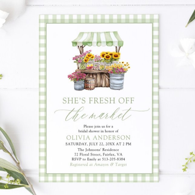 Invitación Green Gingham Fresh Off The Market Bridal Shower (Green Gingham Fresh Off The Market Bridal Shower Invitation)
