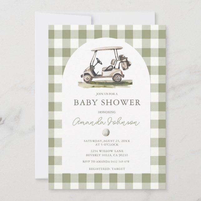 Invitación Green Gingham Golf Boy Baby Shower Invitation (Anverso)