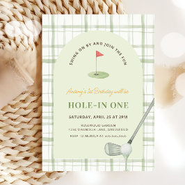 Invitación Green Gingham Hole in One Golf Birthday Invitation