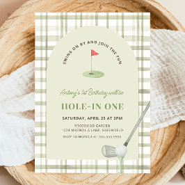 Invitación Green Gingham Hole in One Golf Birthday Invitation