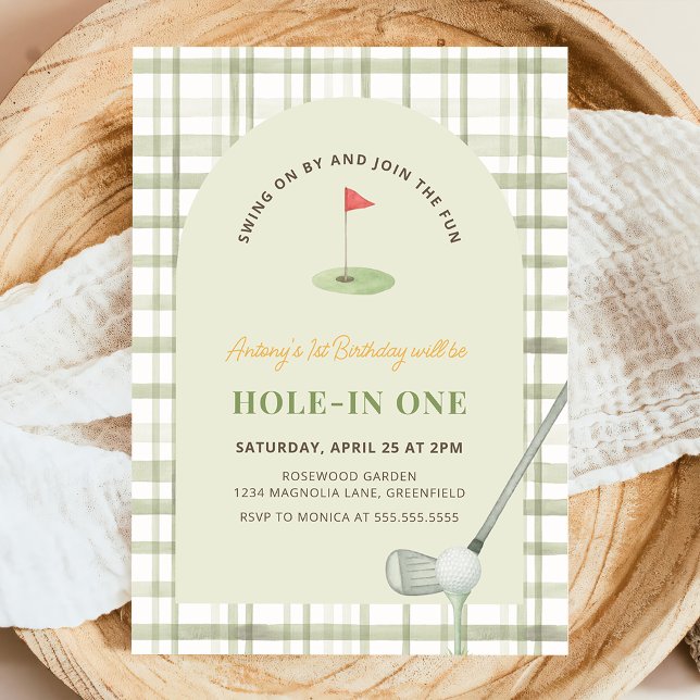 Invitación Green Gingham Hole in One Golf Birthday Invitation (Subido por el creador)