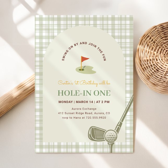 Invitación Green Gingham Hole in One Golf First Birthday (Subido por el creador)