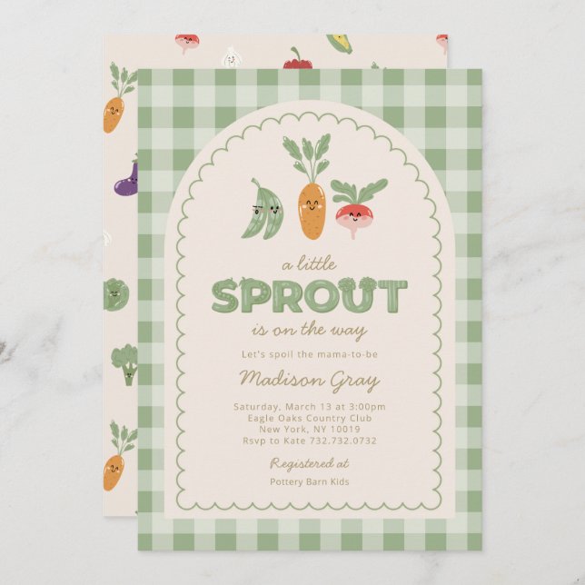 Invitación Green Gingham Little Sprout on the Way Baby Shower (Anverso / Reverso)