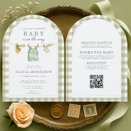 Invitación Green Gingham Locally Grown QR Code Baby Shower