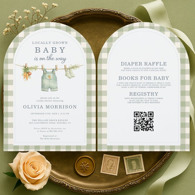 Invitación Green Gingham Locally Grown QR Code Baby Shower (Subido por el creador)