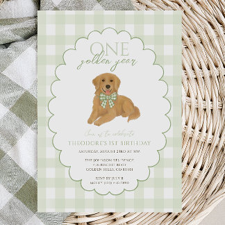 Invitación Green Gingham One Golden Year First Birday Puppy