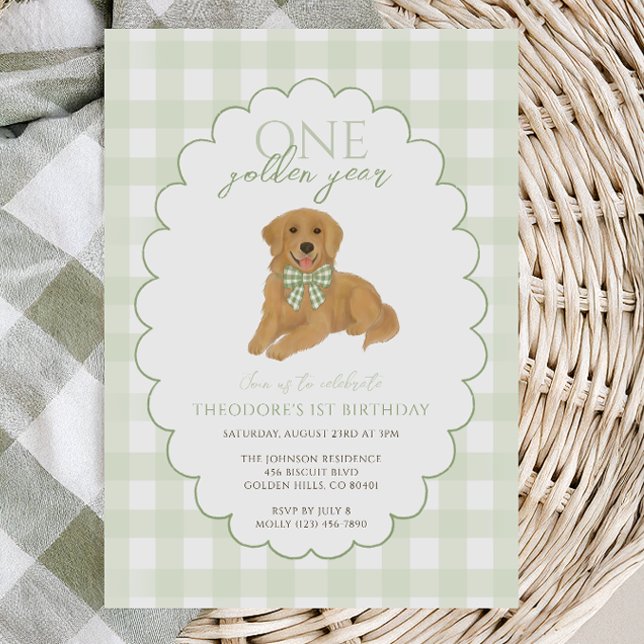Invitación Green Gingham One Golden Year First Birday Puppy (Subido por el creador)