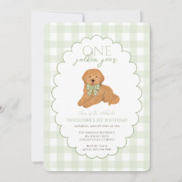 Invitación Green Gingham One Golden Year First Birthday Puppy