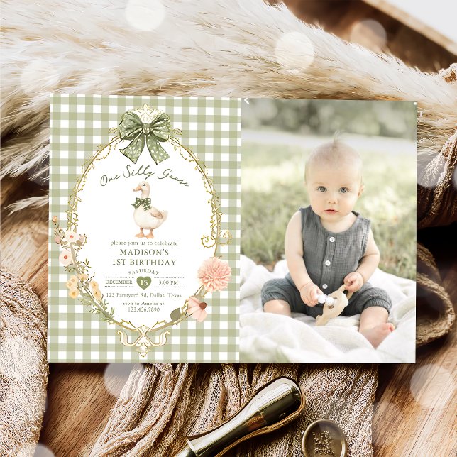 Invitación Green Gingham One Silly Goose 1st Birthday Photo (Subido por el creador)