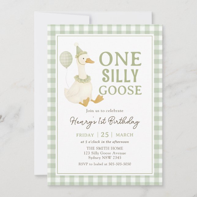 Invitación Green Gingham One Silly Goose Birthday Invitation (Anverso)