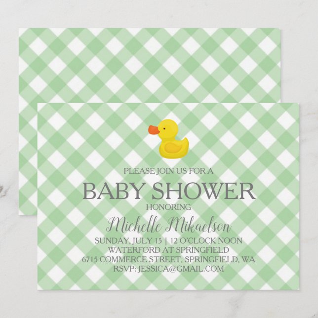 Invitación Green Gingham Rubber Duckie Baby Shower (Anverso / Reverso)