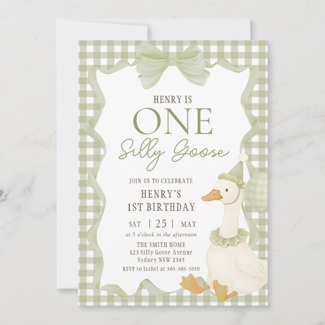 Invitación Green Gingham Silly Goose 1st Birthday Invitation (Anverso)