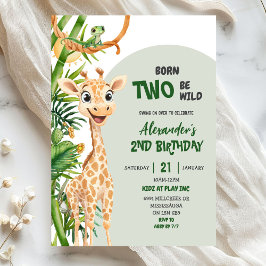 Invitación Green Giraffe Born Two Wild Safari Second Birthday