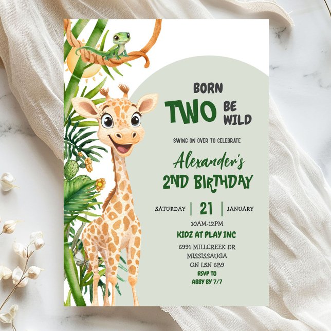 Invitación Green Giraffe Born Two Wild Safari Second Birthday (Subido por el creador)