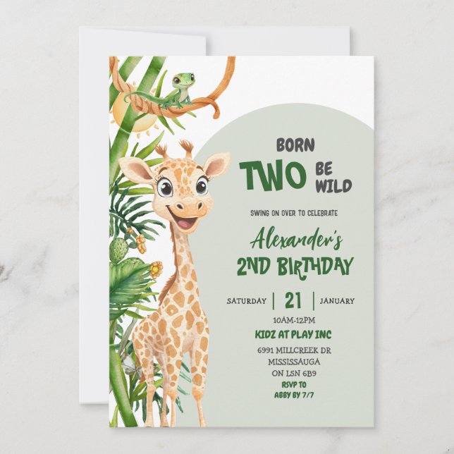 Invitación Green Giraffe Born Two Wild Safari Second Birthday (Anverso)