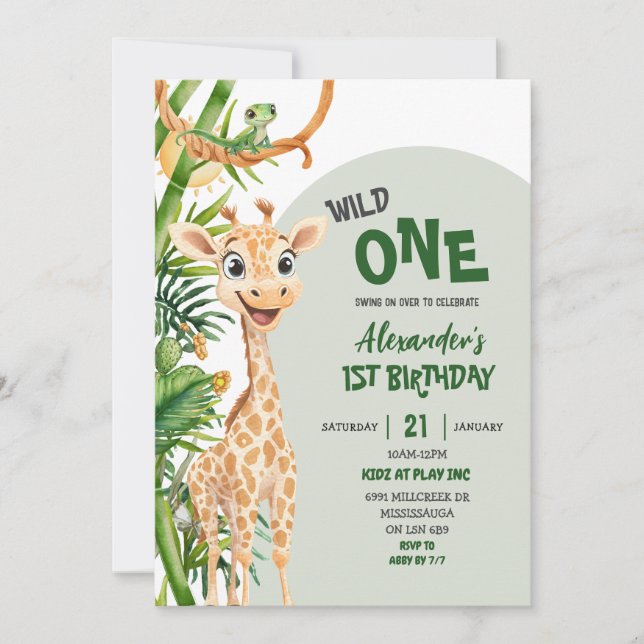 Invitación Green Giraffe Wild One Safari First Birthday (Anverso)